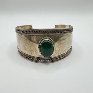 925 Sterling Silver Green Onyx Wide Cuff Bracelet 7" 28.4g Ornate Rope